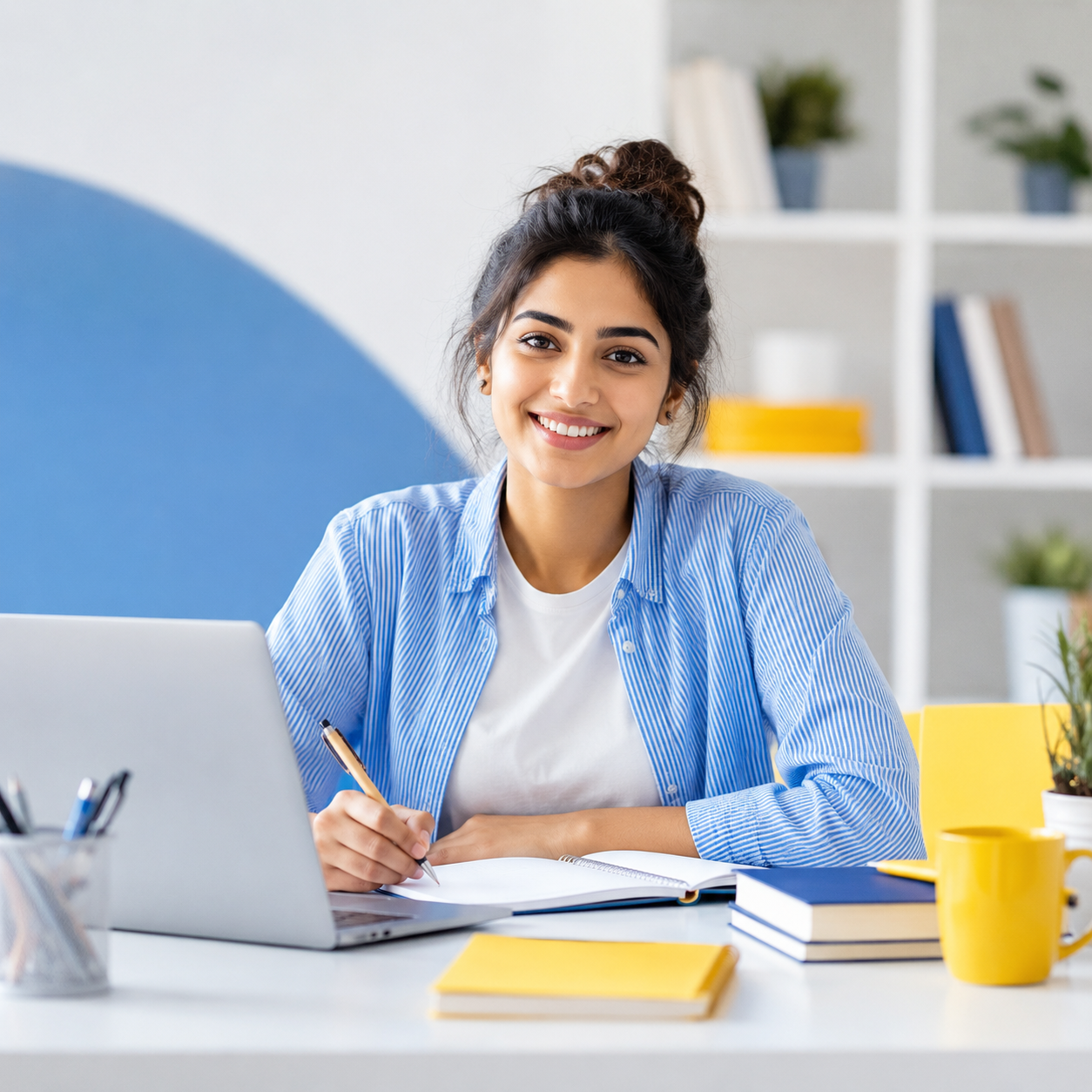 Happy student studying with laptop and books
